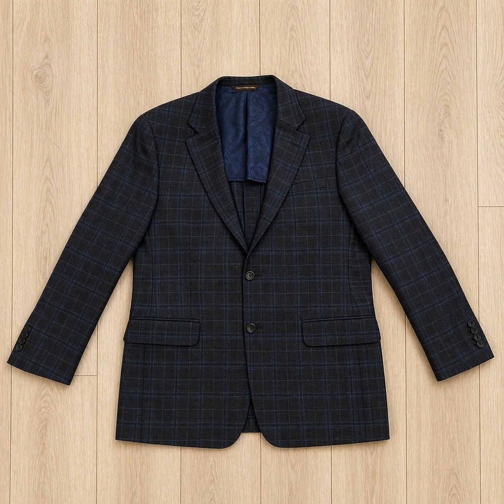Robert Talbott Mens 42R Blazer Plaid Wool Cashmere Silk Sport Coat Charcoal Blue